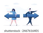 Businessman and businesswoman holding arrows and walking in opposite positions. Individual way, different business directions or team conflict, opposite decision, contrast or disagreement concept.