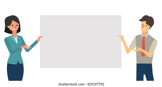 Businessman and businesswoman holding blank cardboard, for your copyspace, text or design. Vector illustration character design. 