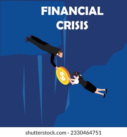 Businessman and businesswoman holding dollar coin falling down from cliff financial crisis isometric 3d vector illustration concept for banner, website, illustration, landing page, flyer, etc