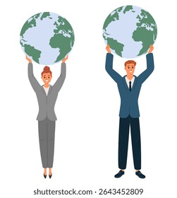 Businessman and businesswoman holding large globe sphere above heads. Global business leadership. International communication. Earth development. Planet environment. Worldwide strategy. Vector concept