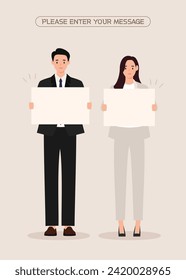 Businessman and businesswoman holding placards. Vector illustration in flat style