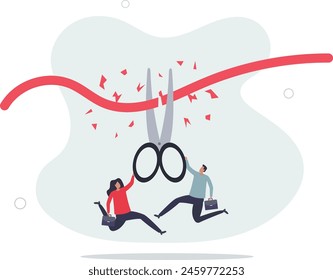 businessman and businesswoman holding scissors to cut red ribbon start new company.flat vector illustration.