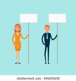 Businessman and businesswoman holding sign board, expressing demands and protesting, freedom of assembly, labor rights of picketing, influencing public opinion,copy space.Vector illustration