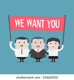 Businessman and Businesswoman holding we want you sign - Vector