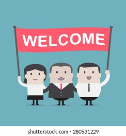 Businessman and Businesswoman holding welcome sign - Vector