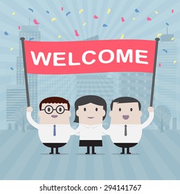 Businessman and Businesswoman holding welcome sign - Vector