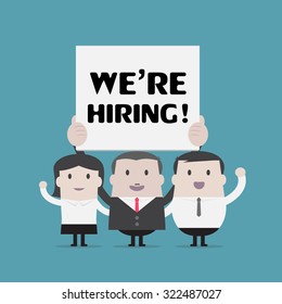 Businessman and Businesswoman holding we're hiring sign - Vector