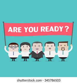 Businessman and Businesswoman holding are you ready? sign - Vector