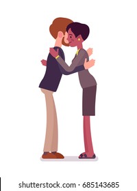 Businessman and businesswoman hug gesture. Social etiquette, physical touch, politeness and sensitivity. Business manner concept. Vector flat style cartoon illustration, isolated, white background