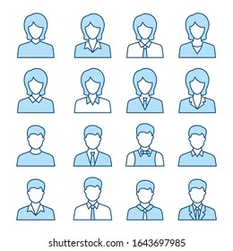 Businessman and businesswoman icons. Blue vector illustration isolated on white.