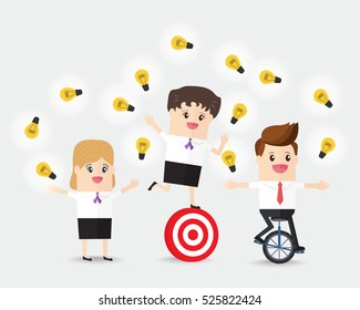 businessman and businesswoman juggle glow light bulbs sign of ideas, showcase of team ability