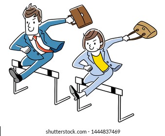 Businessman and businesswoman jumping over hurdle