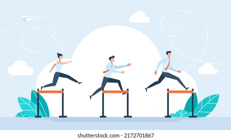 Businessman and businesswoman jumping over hurdles. Overcome obstacles. Manager jumping over ascending obstacles like hurdle race. Leadership overcoming difficulties. Business vector illustration.