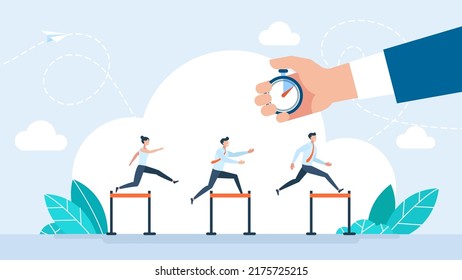 Businessman and businesswoman jumping over hurdles. Check the time on the stopwatch. Manager jumping over ascending obstacles like a hurdle race. Overcoming difficulties. Business vector illustration.