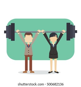 businessman and businesswoman lifting dumbell together