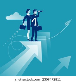 Businessman and businesswoman look ahead together. General planning and strategy for the future. Vision business concept. Standing on rising up arrow. Vector illustration flat design.