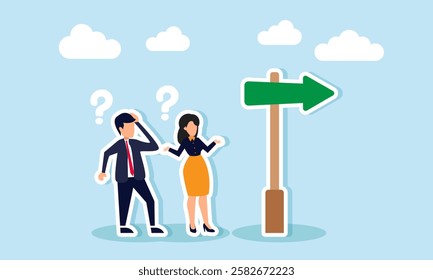 A businessman and businesswoman look confused with question marks appearing above a blank signpost, illustration of losing direction or lacking guidelines to complete a project