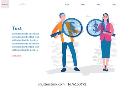 Businessman and businesswoman with loupe, dollars and paragraph sign. Vector illustration for web banner, infographics, mobile