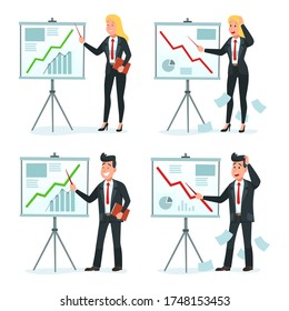 Businessman and businesswoman making presentation. Vector businessperson presentation, business woman make report with chart and graphic illustration