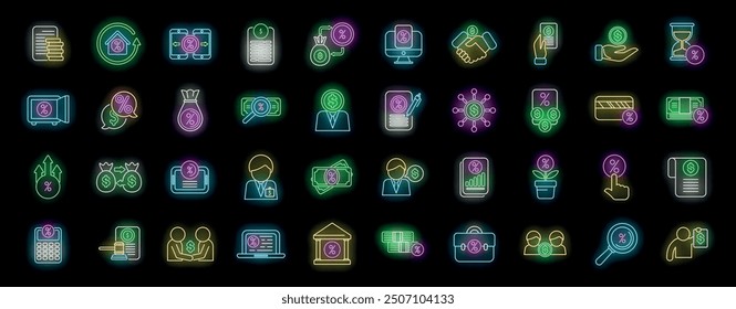 Geschäftsmann und Geschäftsfrau verwalten Zinssatz, Bank-und Finanzbetrieb Neon-Icons Set