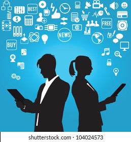 businessman and businesswoman with media symbols - vector illustration
