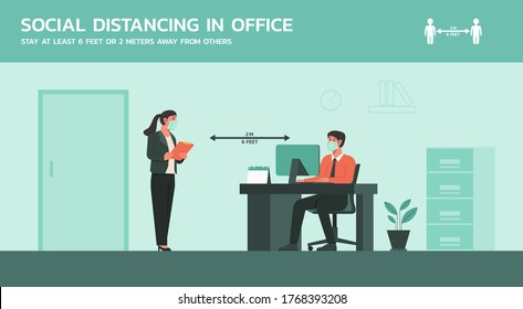 businessman and businesswoman meeting together in business office wearing mask and maintain social distancing to prevent coronavirus disease, new normal lifestyle concept, flat vector illustration