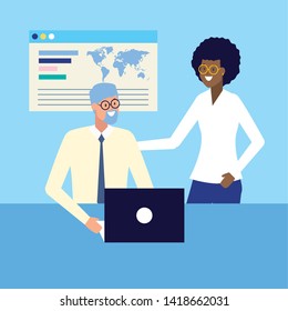 businessman and businesswoman office work laptop vector illustration