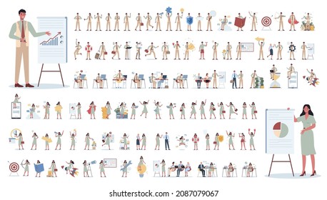 Businessman and businesswoman. Office worker character with various poses, face emotions and gestures. Character wearing business casual doing different activities. Flat vector illustration