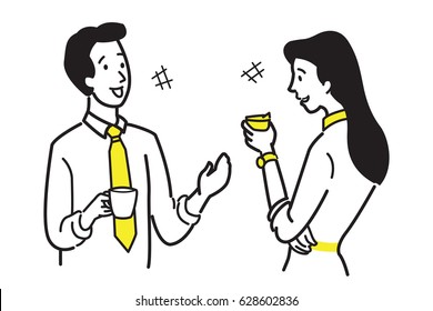 Businessman and businesswoman, office workers, talking and chatting in coffee break time, business concept of relaxation, refreshment, relationship. Character line sketching design, simple style.