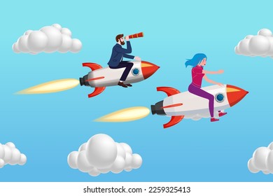 Businessman with Businesswoman on a rockets fly through sky. Start up, goal achievement metaphors. Clouds background. Vector illustration