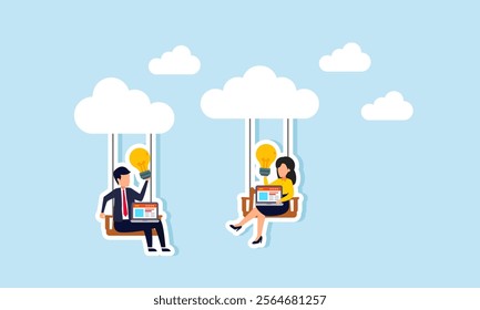 Businessman and businesswoman on swings hanging from clouds holding a lamp and laptop, illustration of a sharing session about business ideas and marketplace performance