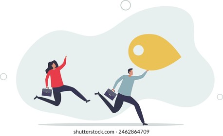 businessman and businesswoman people carry address pin or map mark running to new destination.flat vector illustration.