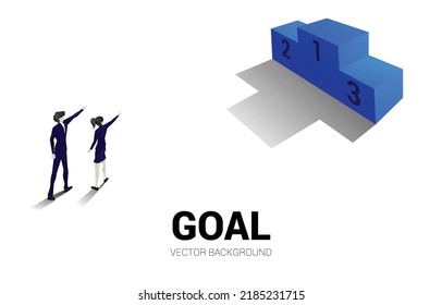 businessman and businesswoman point finger to first place podium. Business Concept of winner and success
