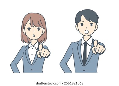 A businessman and businesswoman pointing forward with serious expressions, symbolizing direction, leadership, or making a firm decision.