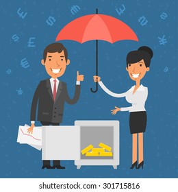 Businessman and businesswoman points to safe