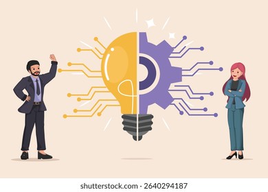 A Businessman and Businesswoman Presenting a Combined Lightbulb and Gear Icon with Circuitry, Symbolizing Innovative Solutions and Technological Advancement