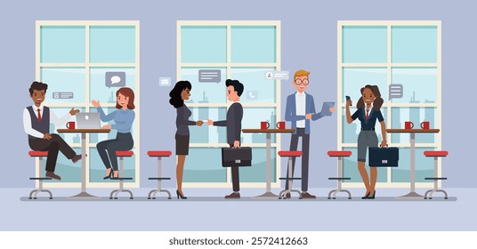 Businessman and businesswoman professional networking event where individuals are mingling and exchanging business cards character vector illustration design. Business networking event concept.