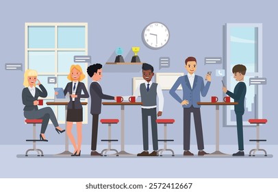 Businessman and businesswoman professional networking event where individuals are mingling and exchanging business cards character vector illustration design. Business networking event concept.