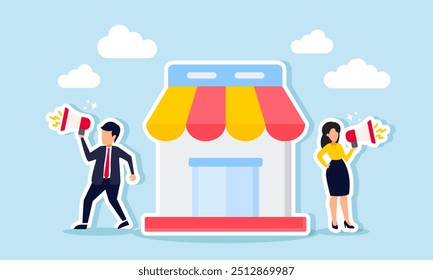 A businessman and businesswoman promoting their store using a megaphone, illustration of Marketing services or products offered by their business