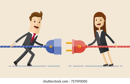 Businessman and businesswoman pull plugs towards each other. Business connection concept. Vector, illustration, flat.