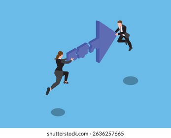 homem de negócios e mulher de negócios empurrar contra uma seta, simbolizando a competição, lutando pelo progresso, e superando obstáculos na ilustração vetorial 3d isométrica de negócios