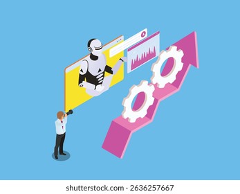 homem de negócios e mulher de negócios empurrar contra uma seta, simbolizando a competição, lutando pelo progresso, e superando obstáculos na ilustração vetorial 3d isométrica de negócios