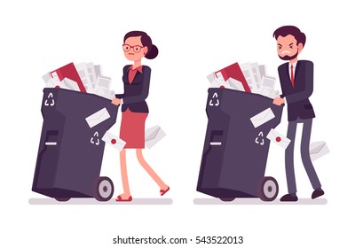 Businessman and businesswoman pushing trash bins on wheels with documents of no need, overloading with nonworking paper, useless office labor, loss of private data, delete files, unwanted information