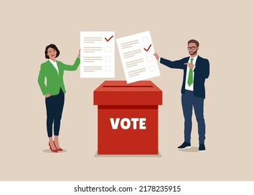 Businessman and businesswoman putting paper ballots to election box. Voters casting ballots at the polling place. Vector flat illustration.