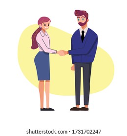 Businessman and businesswoman reaching an agreement and making a deal after a business meeting. Vector illustration.