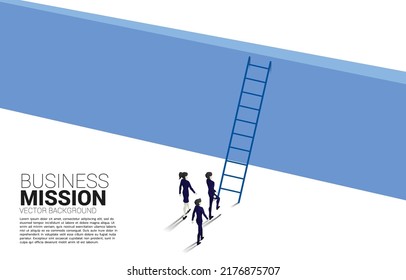 businessman and businesswoman ready to cross the wall with ladder. Concept of vision mission and goal of business
