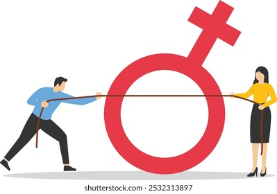 Businessman and businesswoman in red dress pulling a rope, feminism.

