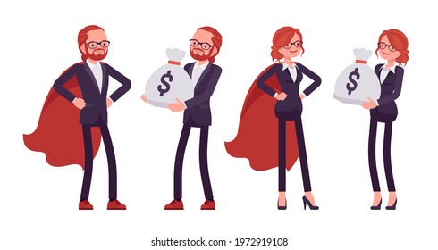 Businessman, businesswoman red haired office worker in cloak, money sack. Bossy manager, administrative person, corporate employee. Vector flat style cartoon illustration isolated, white background