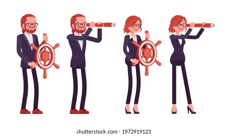 Businessman, businesswoman red haired office worker with spy glass, wheel. Bossy manager, administrative person, corporate employee. Vector flat style cartoon illustration isolated on white background