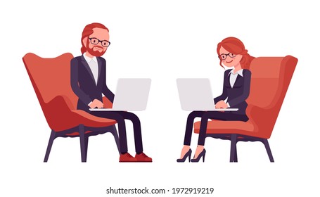 Businessman, businesswoman red haired office worker with laptop. Armchair sitting manager, administrative person, corporate employee. Vector flat style cartoon illustration isolated, white background